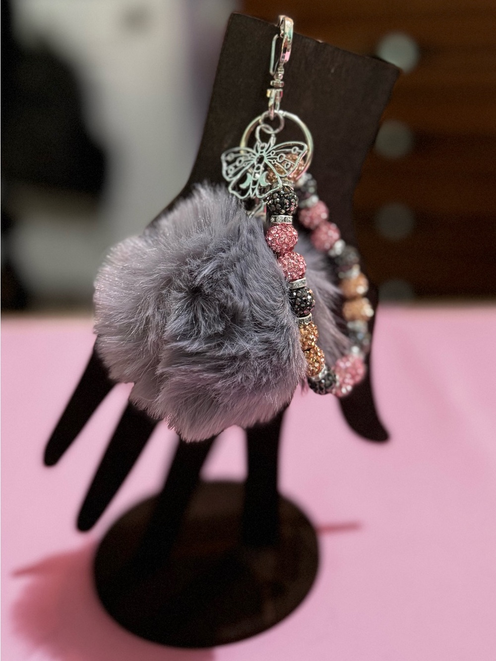 Fairycore Sparkle Beaded Bracelet Keychain w/ Gray Faux Fur Pom & Beautiful Moth